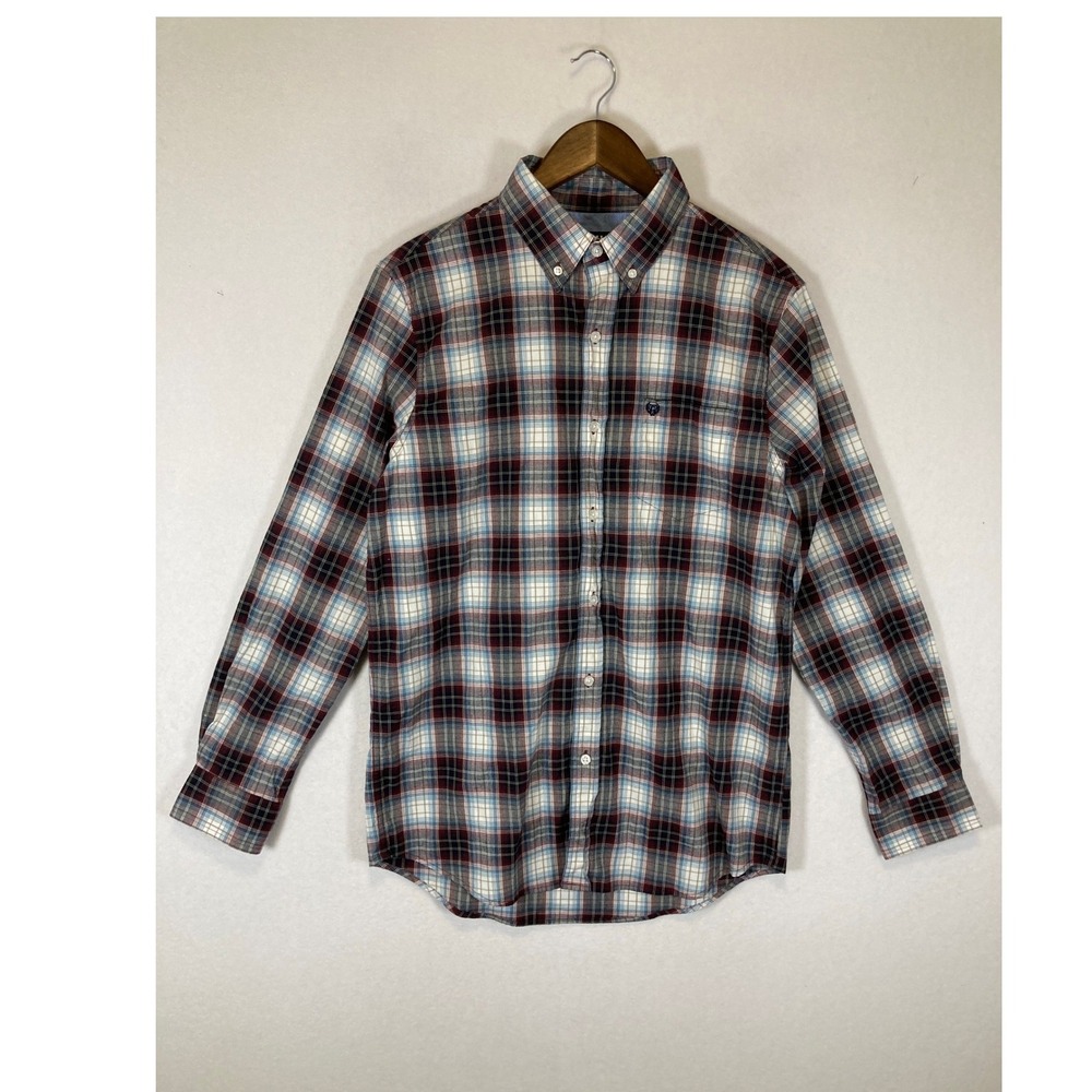 Classic Preppy Chaps Mens Medium‎ Burgundy Blue Plaid Stretch Button Down Shirt